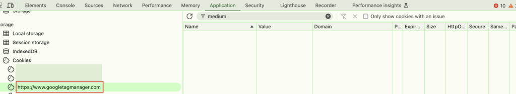 The image is a screenshot of the website's inspect element to check the cookies in the network and application.